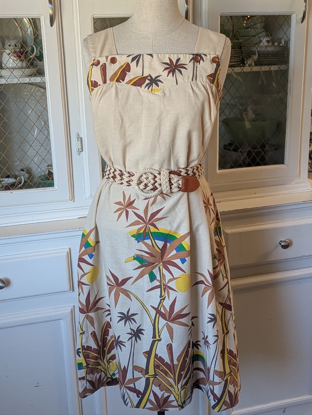 VTG 70s/80s Women's Summer Tropical Print Taupe Square Neck Sundress Vacation